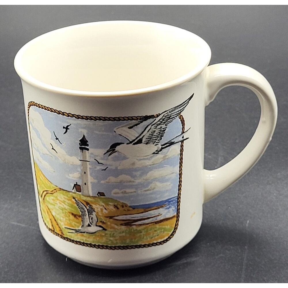 Vintage Mug White with Seaside Scene Lighthouse Seagulls 12 Ounce Capacity